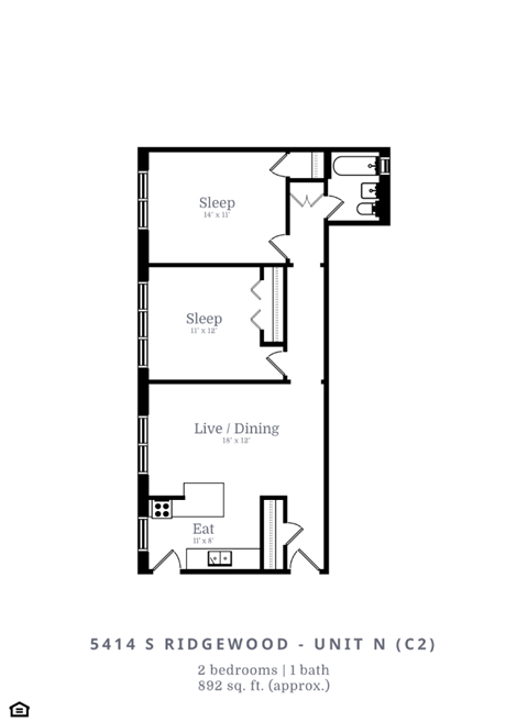 Floor plan for 2 beds, 1 bath, 941 sqft